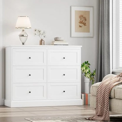 White Dresser, 6 Drawer Dresser White, Modern Double Chest with Deep Drawers, Wide Storage Organizer Cabinet