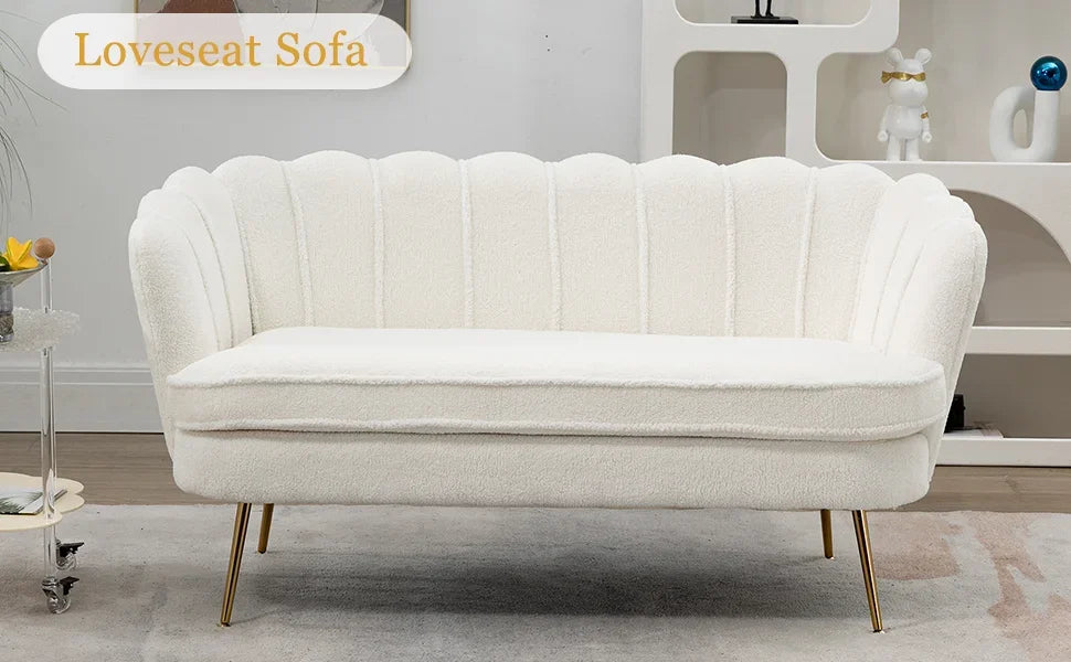 Sofa with 2 seats, Teddy Small Sofa with Gold Metal Legs, 59” Modern 2 Sater Sofa with Flower Backrest, Living Room Furniture