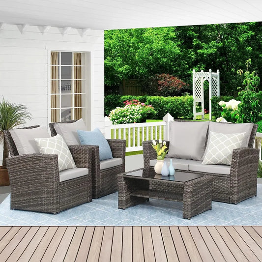 4 Piece Outdoor Patio Furniture Sets, Wicker Conversation Set for Porch Deck, Gray Rattan Sofa Chair with Cushion, Free Shipping