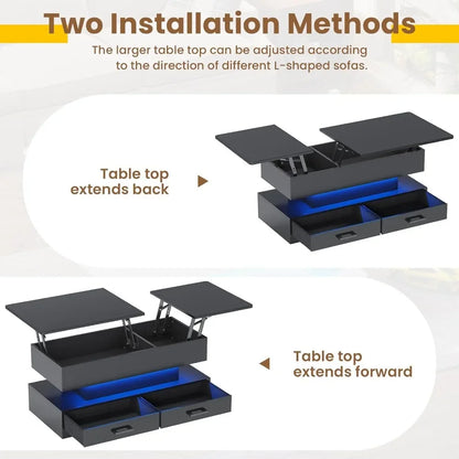 40" Lift Top Coffee Table, Coffee Desk w/ 2 Fabric Drawers for Living Room, Small Modern Table with Storage & LED Light, Black