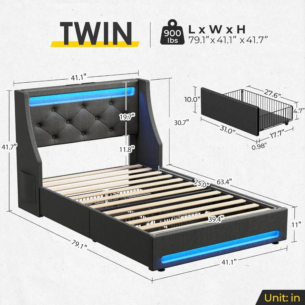 Twin Bed Frame with LED Lights and Charging Station, Upholstered Bed with Drawers, Wooden Slats, Noise Free, Easy Assembly