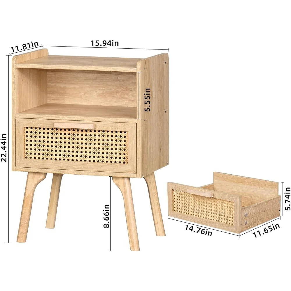 Ensemble de 2 tables de chevet en rotin, table de chevet d'appoint en rotin avec pieds en bois massif pour chambre à coucher, dortoir et petits espaces