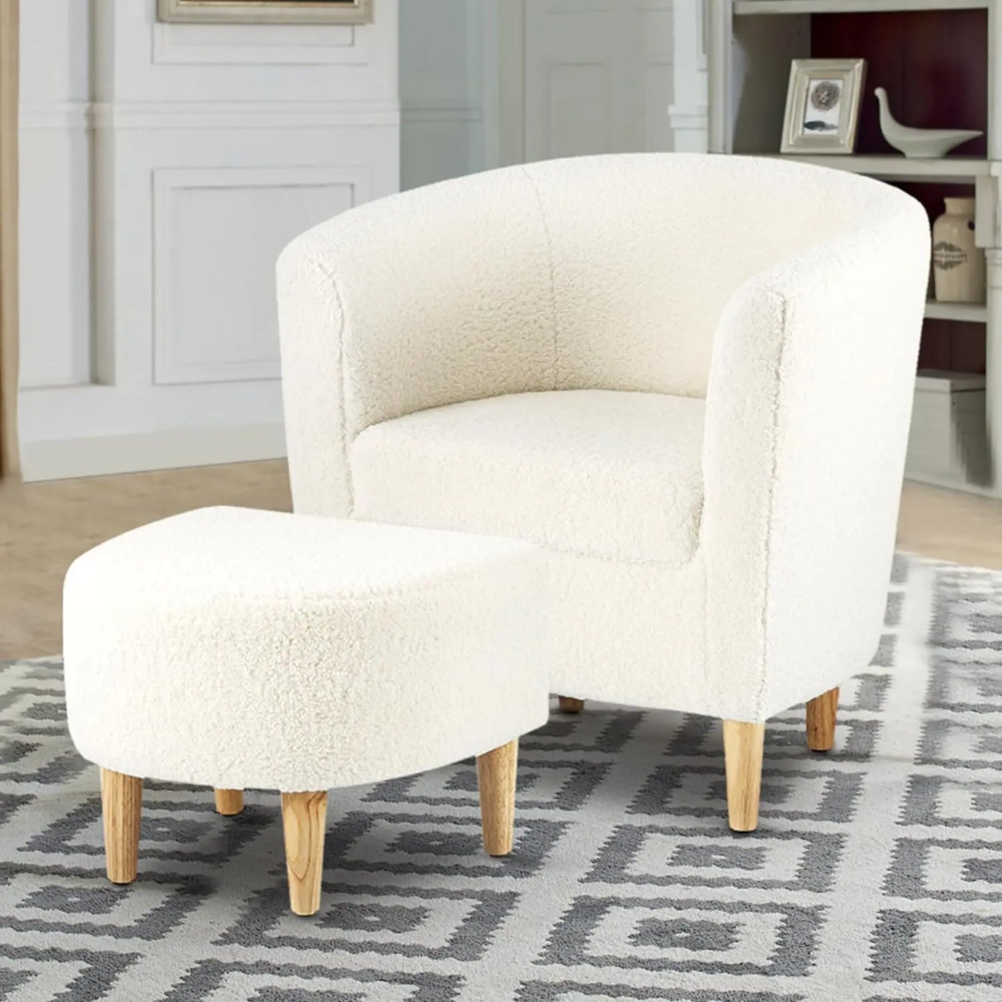 Fauteuil d'appoint, chaise Sherpa, canapé tonneau blanc moelleux en peluche avec repose-pieds ottoman, ensemble de salon confortable, ensemble de 1/2