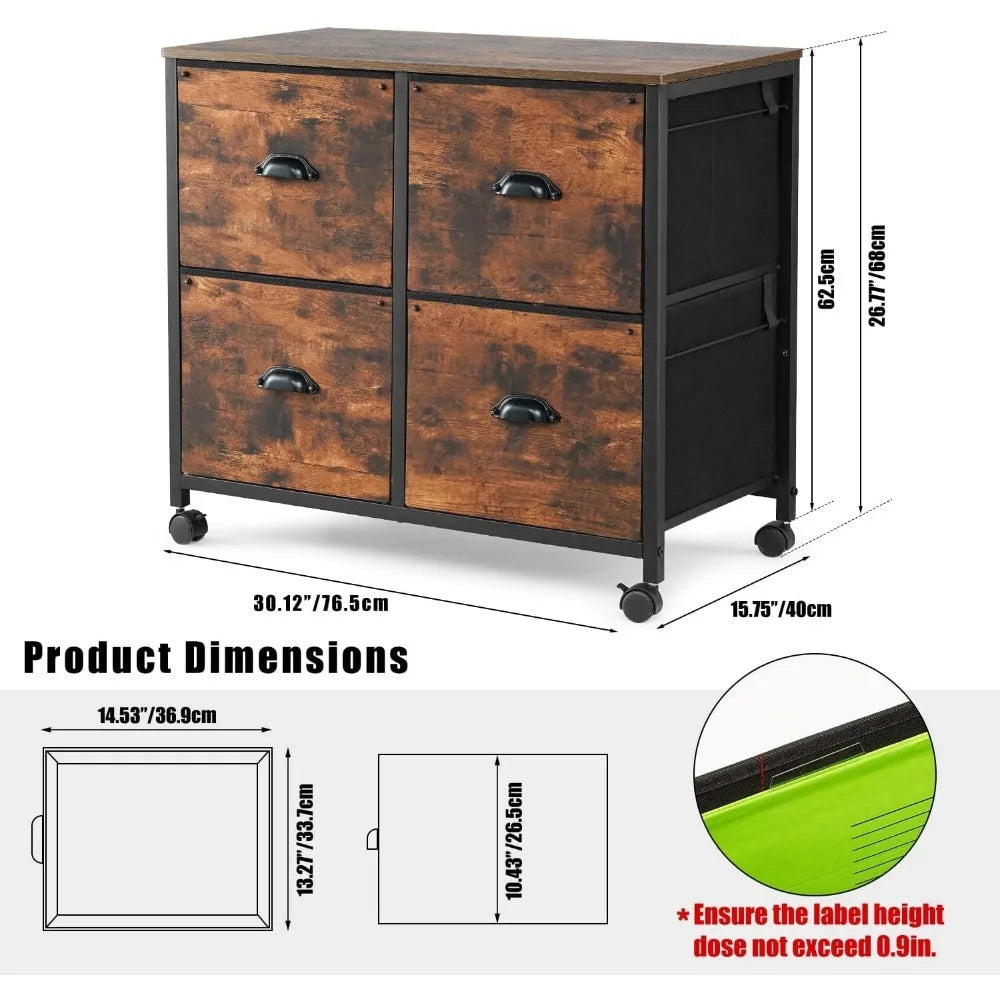 Classeur latéral mobile en tissu à 4 tiroirs avec roulettes pour classeur format lettre (brun rustique)