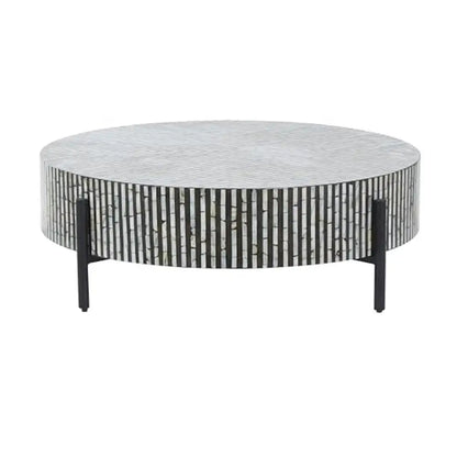 Table basse ronde moderne en nacre géométrique avec pieds gris et noirs pour salon