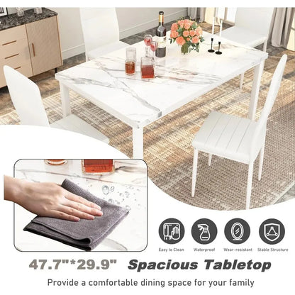 Marble kitchen table and chairs for 4 people, comfortable PU leather chairs, small space dining table, breakfast corner