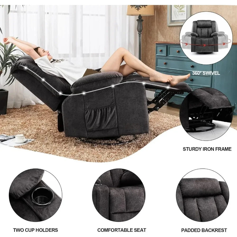 Recliner Chair Massage Rocker with Heated 360 Degree Swivel Lazy Boy Recliner Single Sofa Seat with Cup Holders for Living Room