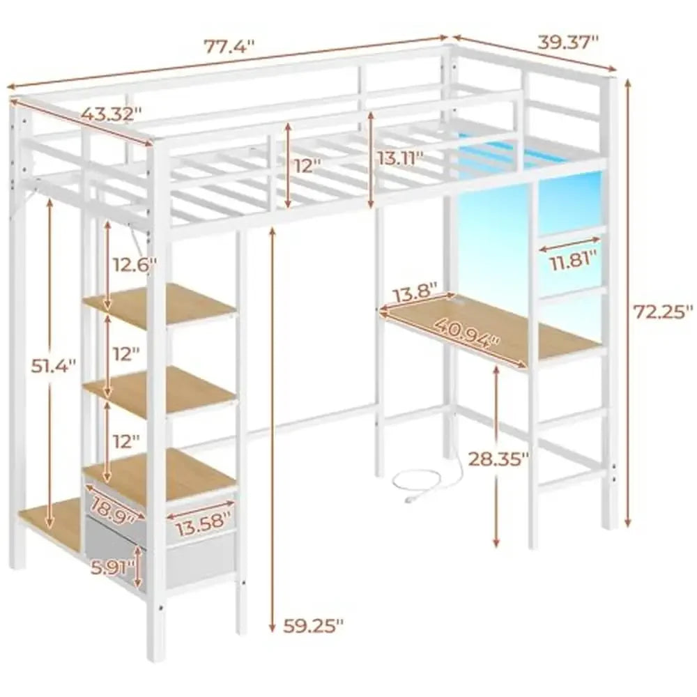 Cama alta de metal con dos camas individuales, escritorio, estación de carga, luces LED, estantes de almacenamiento, cajones, barandillas protectoras, capacidad para 400 lb, iluminación RGB