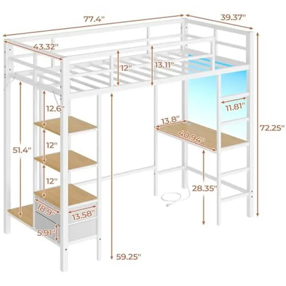 Metal Twin Loft Bed with Desk Charging Station LED Lights Storage Shelves Drawers Guard Rails 400lb Capacity RGB Lighting