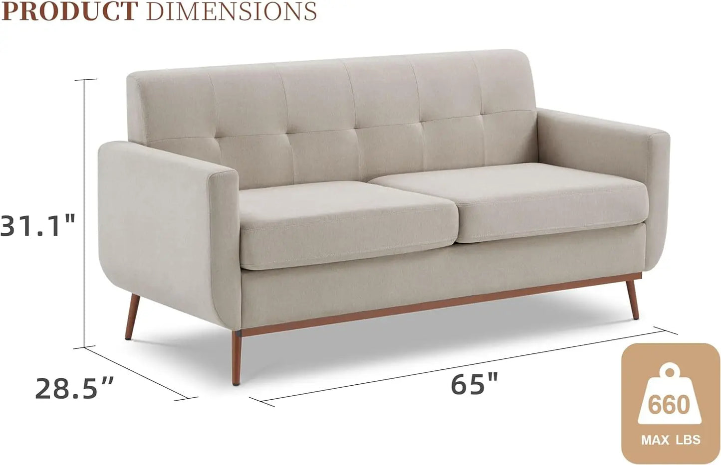 Sofá Loveseat de 65" de estilo moderno de mediados de siglo, sofá Loveseat cómodo para sala de estar, sofá tapizado para dormitorio