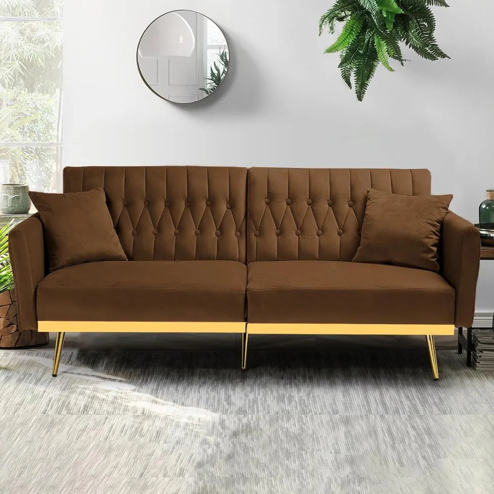 70in Velvet Futon Sofa Bed W/Adjustable Backrests and Armrests, Convertible Futon Couch with Two Pillows, Tufted Sleeper Bed