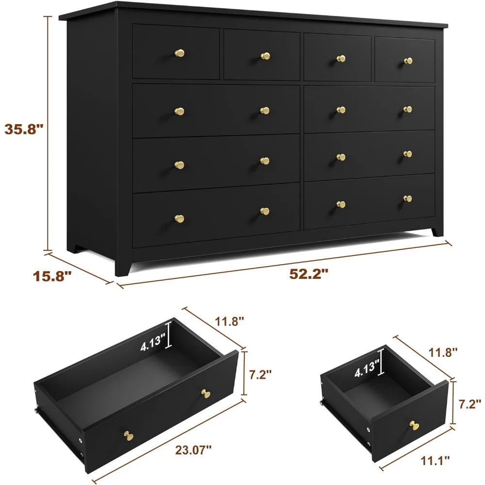 Dresser, Dresser for Bedroom with 10 Drawers Black Dresser with Smooth Metal Rail Wood Dressers 52.2W*15.8" D*35.8" H  dresser