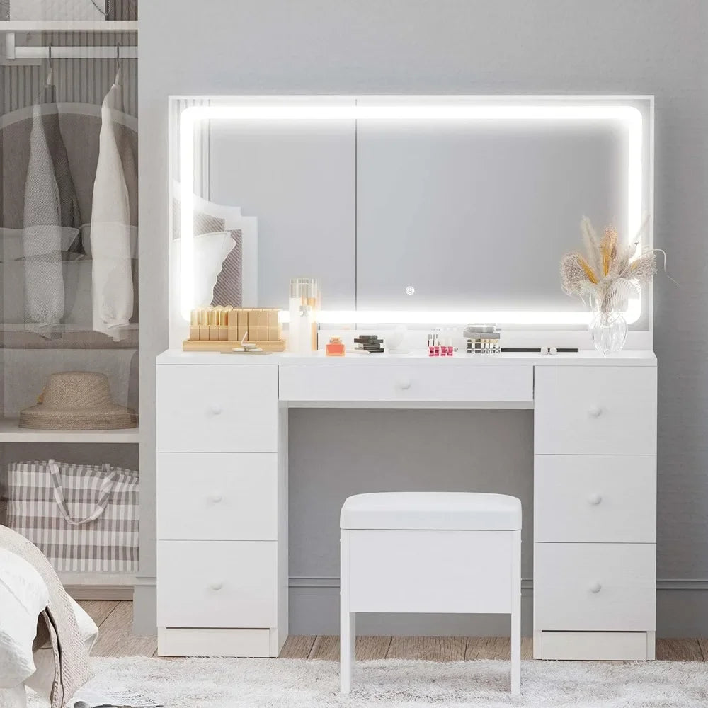 Ensemble de coiffeuse avec miroir éclairé à LED et prise de courant, 7 tiroirs, coiffeuse avec tabouret pour chambre à coucher