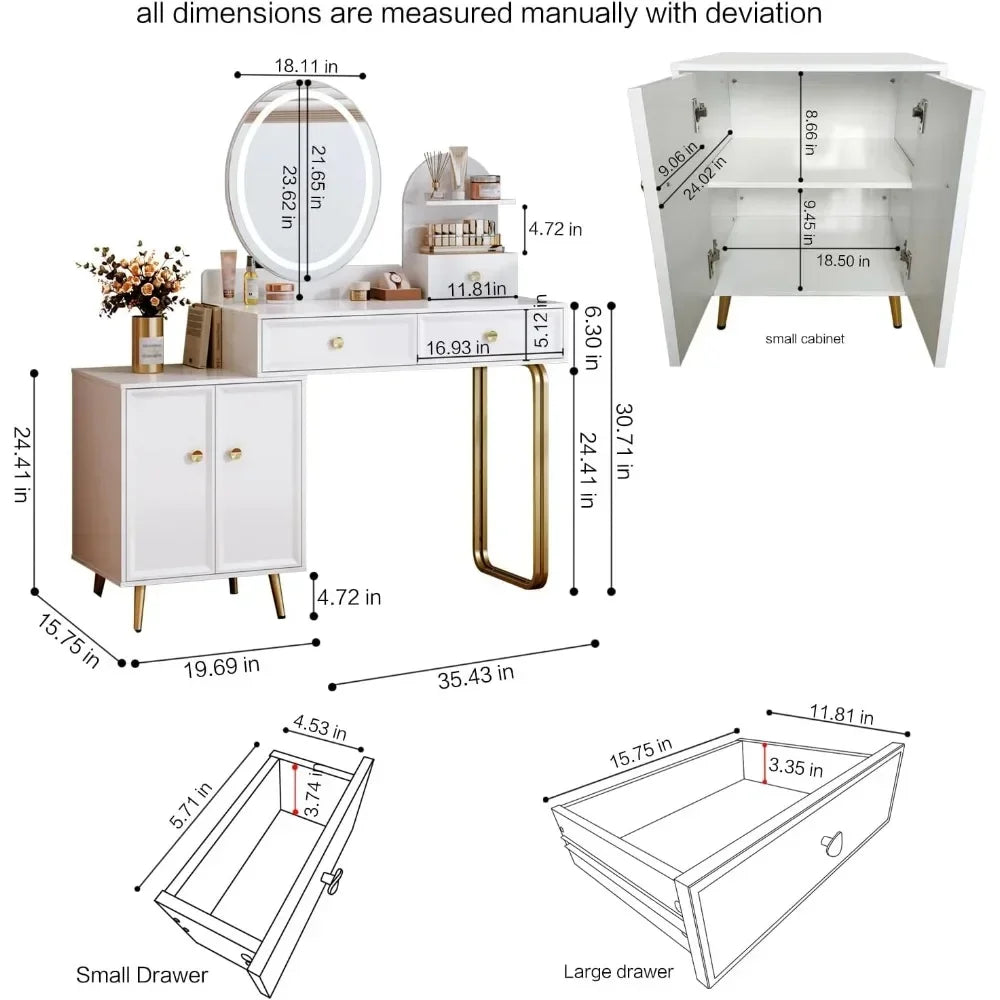 White Modern Vanity Desk, Retractable Makeup Vanity Dressers with LDE Mirror and 2 Spacious Drawers & Cabinet, Writing Desk