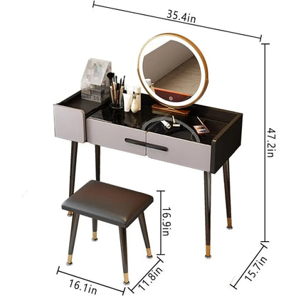 Dressing table with mirror and lamp, 3 lighting modes bedroom dresser set with 3 drawers for ladies / girls grey