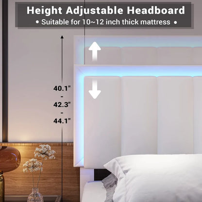 Lit, cadre de lit complet avec 4 tiroirs de rangement, lit plateforme pleine grandeur avec éclairage LED et station de charge, lit rembourré en cuir artificiel