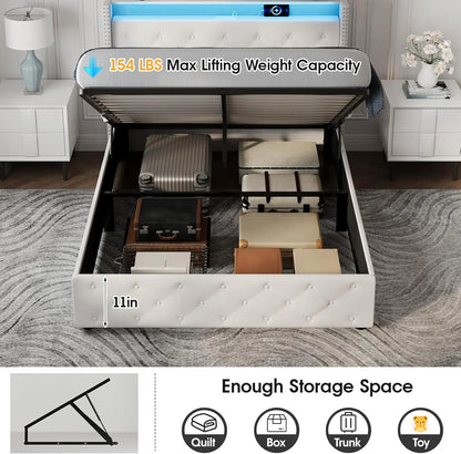 Full Size Bed Frame with LED Headboard & Lift Up Storage, Velvet Upholstered Platform Bed Frame with Led Ligh