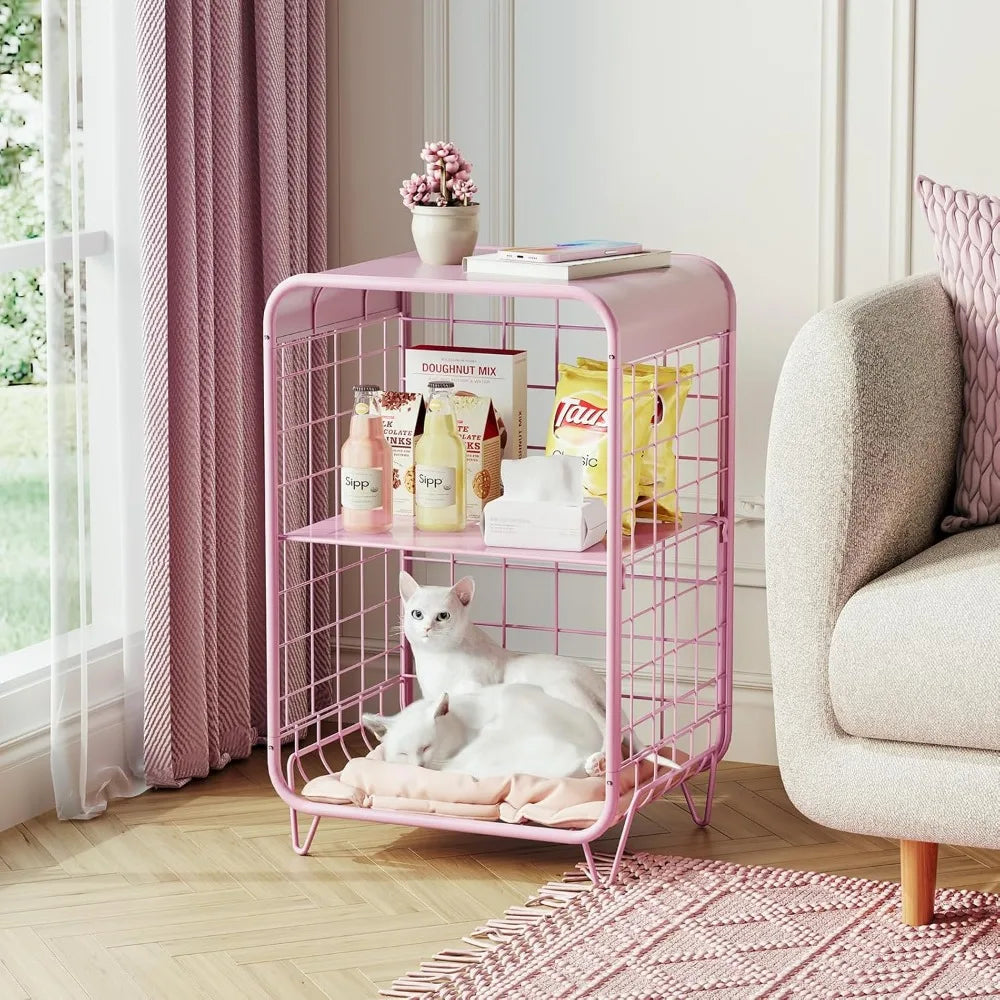 Cute Pink Nightstand,Metal Side Table,3 Tier End Table with Storage,Vintage Bedside Table,Girls Bedroom Furniture