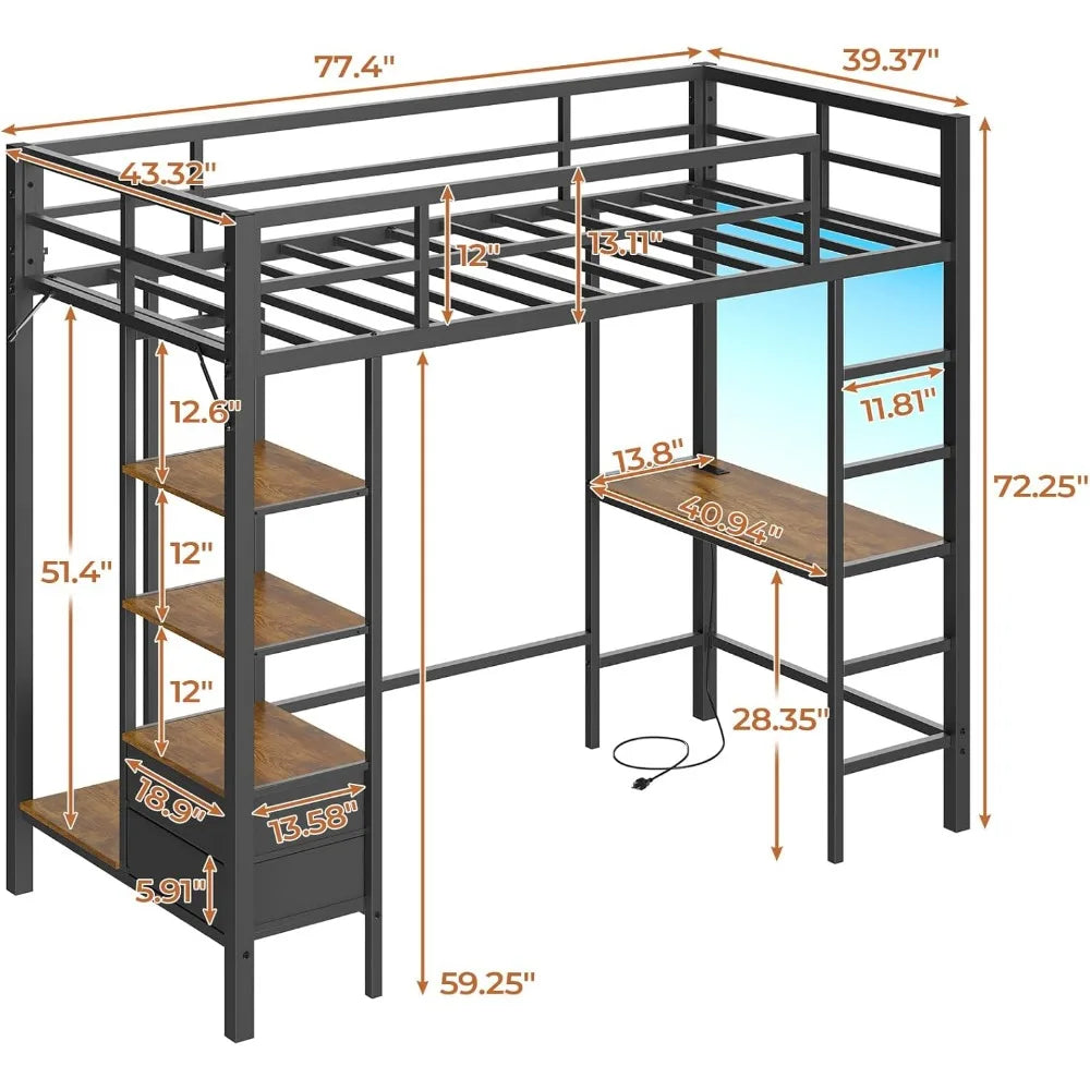 Twin Size Loft Bed with Desk and Led Lights Junior Loft Bed with Charging Station & Storage Shelves and Drawers Twin Metal Bed