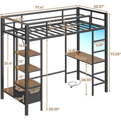 Cama loft tamaño twin con escritorio y luces led Cama loft junior con estación de carga y estantes y cajones de almacenamiento Cama twin de metal