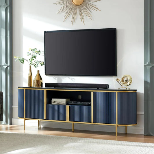 Meuble TV, design de contour incurvé de luxe Meuble TV intégré 70" avec plateau en marbre artificiel pouvant contenir un téléviseur 80" Bleu marine