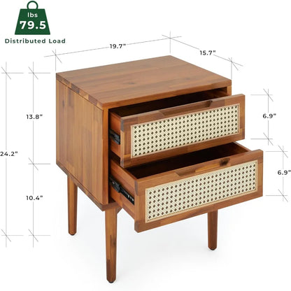 Bed Table 2-Drawer Bedside Tables Oliver Solid Wood Rattan Nightstand/Side End Table Fully Assembled Furniture Sofa Bedroom Home