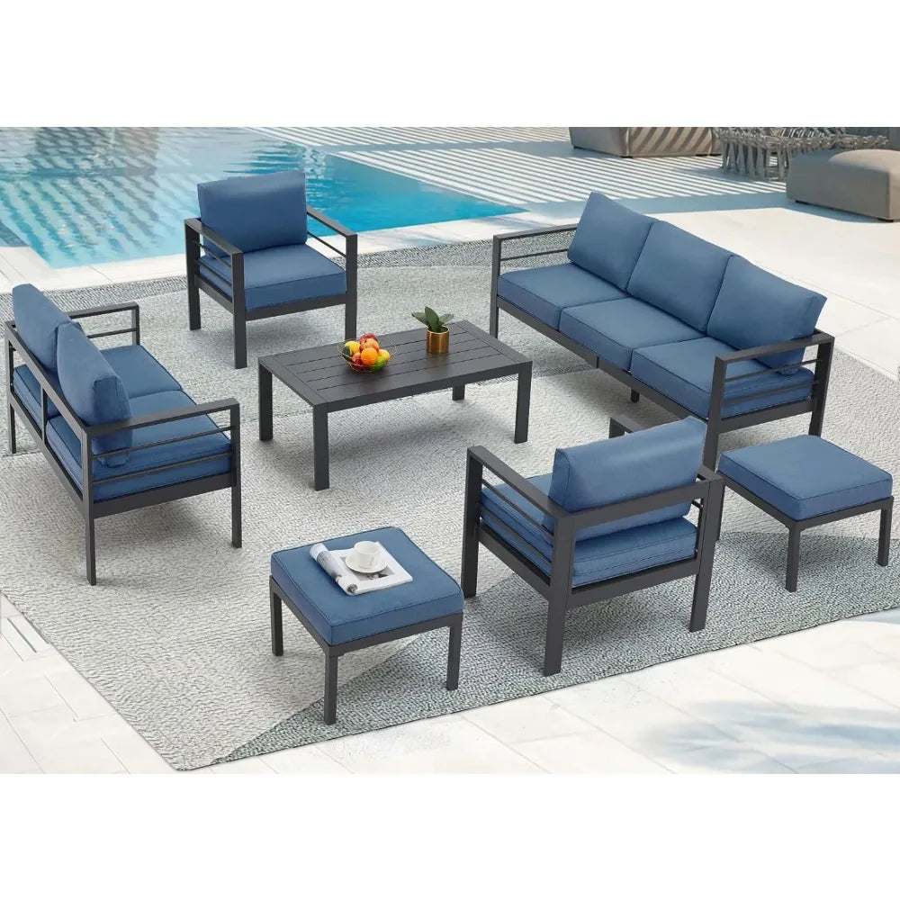 Aluminium Patio Furniture Set, Modern Outdoor Patio Furniture with Coffee Table, Set of 7 with Grey Cushions，Light Grey