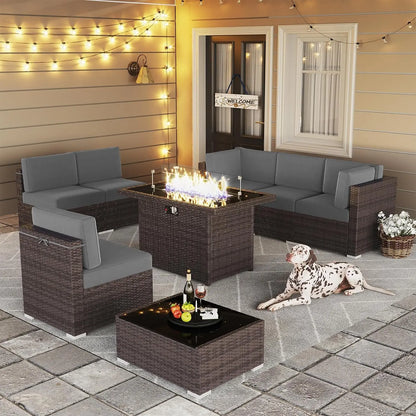 8 Piece Patio Furniture Set with 44" Propane Gas Fire Pit Table, Set Wicker Rattan Sofa Set and Coffee Table Rattan Möbel