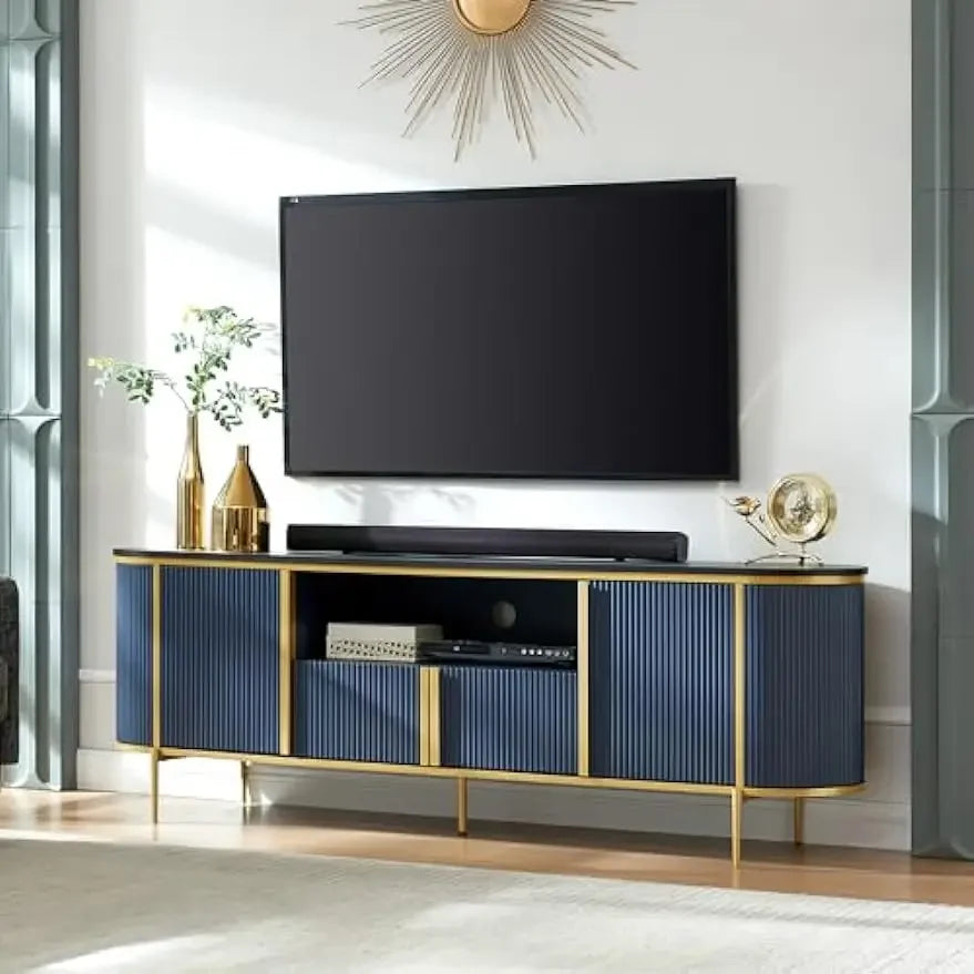 Meuble TV cannelé de luxe de 70 pouces, centre de divertissement moderne pour téléviseurs jusqu'à 80 pouces, console TV avec plateau en faux marbre