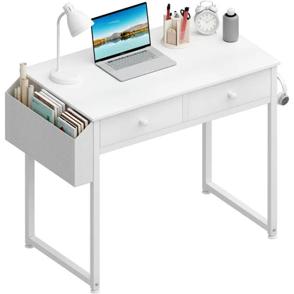 Petit bureau blanc avec tiroirs - pour chambre à coucher, bureau d'ordinateur de bureau à domicile de 32 pouces, table de bureau, bureau d'angle