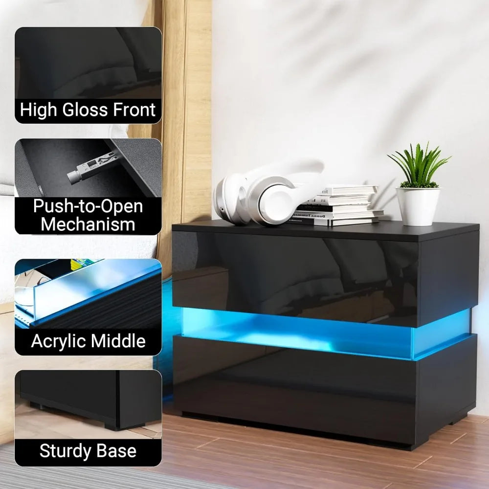 Set of 2 LED Nightstands Nightstand with 2 Drawers High Gloss Night Stands with 16 Colors LED Lights Side Table