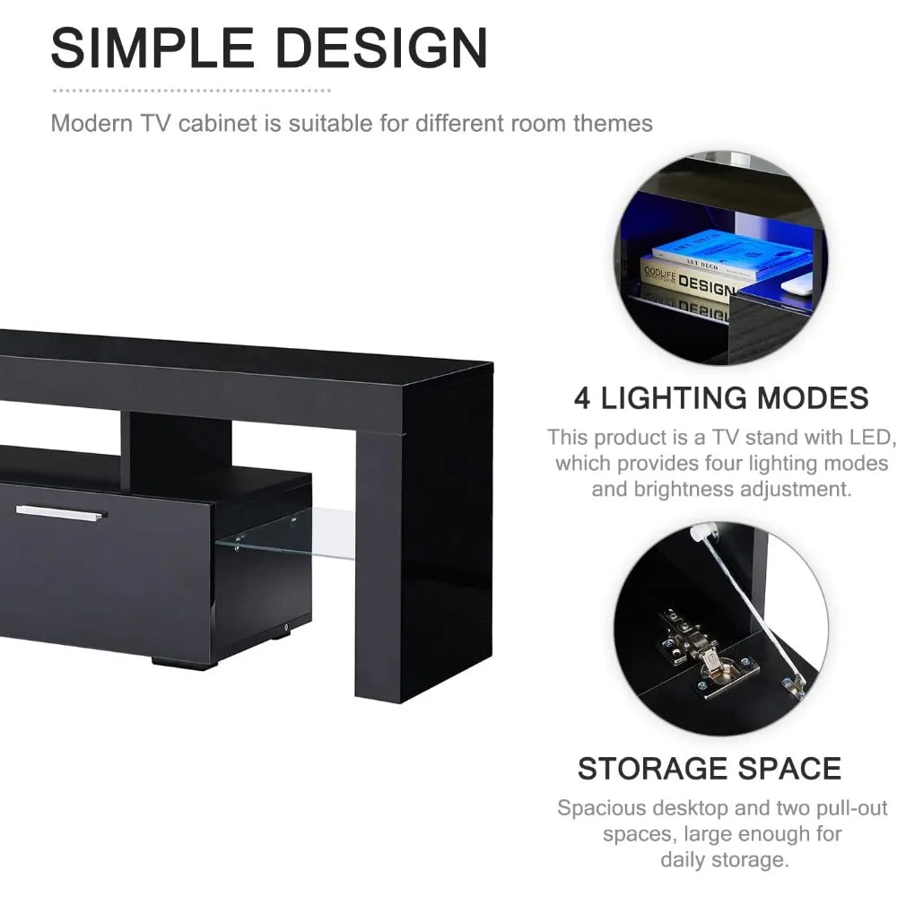 Meuble TV LED pour téléviseurs 75 pouces Console Table Téléviseurs haute brillance Centre de divertissement avec tiroir de rangement, supports TV