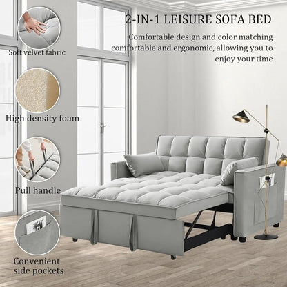 3 in 1 Sleeper Sofa Couch Bed, Velvet Convertible Sleeper Sofa w/3 Level Adjustable Backrest,Storage Pockets,Toss Pillows, Grey