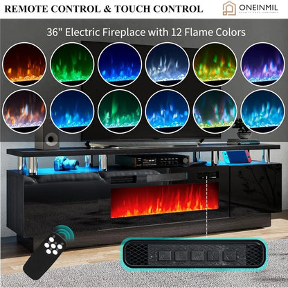 Soporte de TV con chimenea eléctrica de 36", centro de entretenimiento con luz LED, consola de TV de 2 niveles para televisores de hasta 80", chimenea