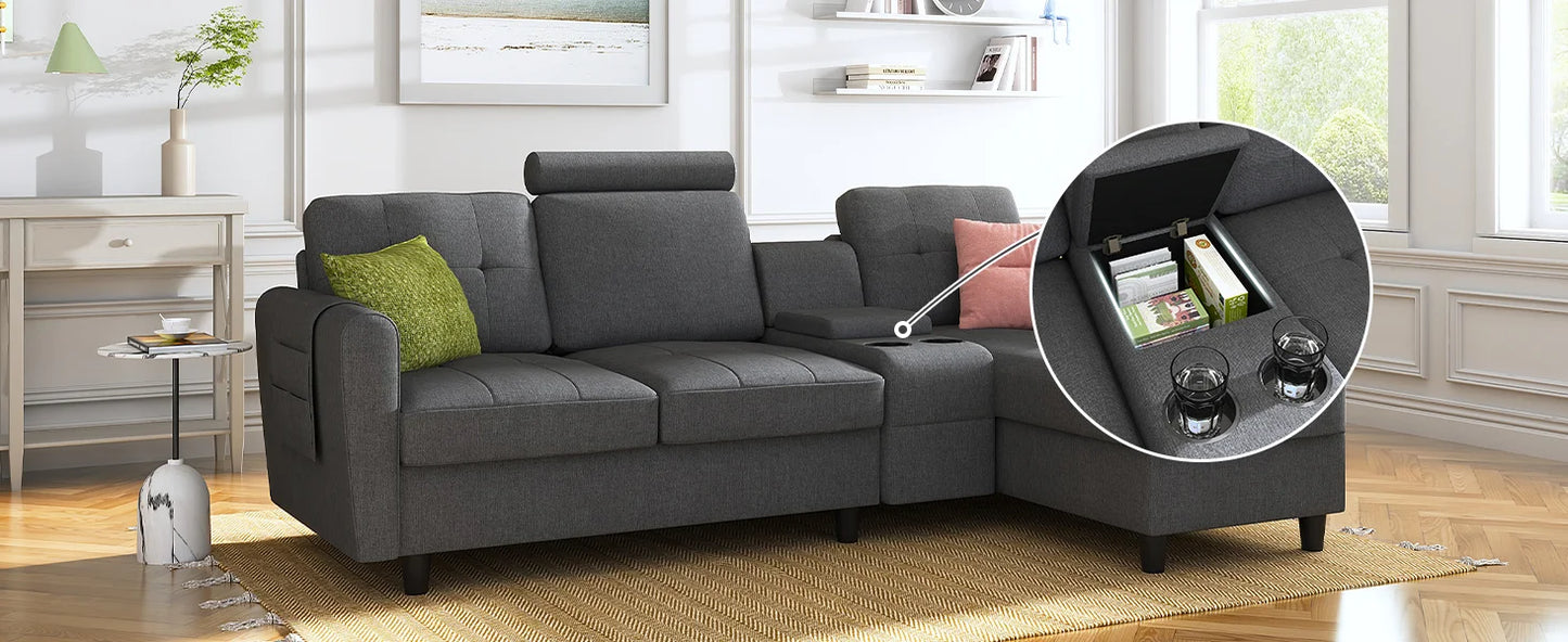 Sofa, Convertible Modular L-shaped Sofa with Cup Holder, 4-seater Sofa with Double-sided Chaise Longue, Light Grey Sofa