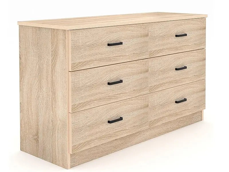 Wood Dresser for Bedroom, 6 Drawer Double Dresser with Metal Handles, 15.8" D x 47.2" W x 27.7" H, Light Oak