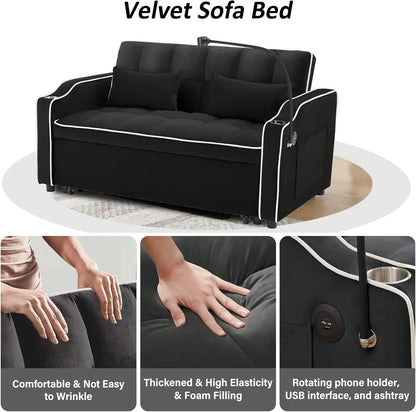 3 in 1 Sleeper Sofa Couch Bed,Velvet Convertible Loveseat Sleeper Sofa Bed,Pull Out Sofa Bed With USB Port & Ashtray