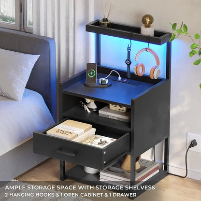 Nightstand with Charging Station and LED Lights, Nightstands with Drawer, End Side Table with Open Storage Shelves, Nightstand