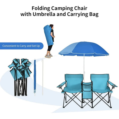 Double Folding Beach Chairs with Umbrella, Outdoor Picnic Portable Loveseat Chairs,Beach Chair