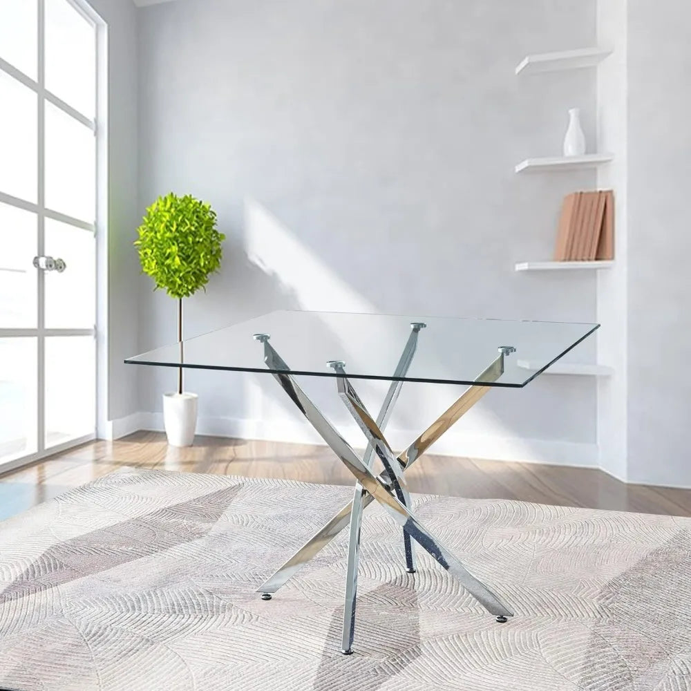 Mesa de comedor cuadrada de vidrio con tablero de vidrio templado y patas de acero inoxidable, mesa de cocina cuadrada de vidrio moderna de 36"