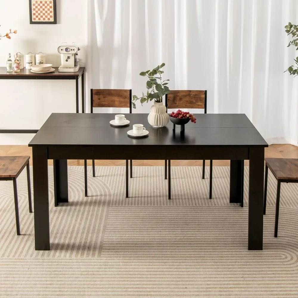 Table à manger pour 6 personnes, rectangulaire en bois, 63" L x 31,5" l x 30" H, grande table de ferme, salle à manger moderne, supportant 330 lb, noir