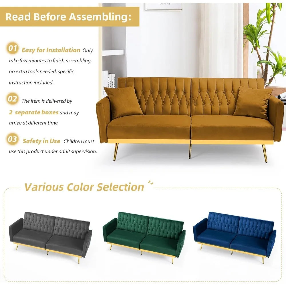 70in Velvet Futon Sofa Bed W/Adjustable Backrests and Armrests, Convertible Futon Couch with Two Pillows, Tufted Sleeper Bed