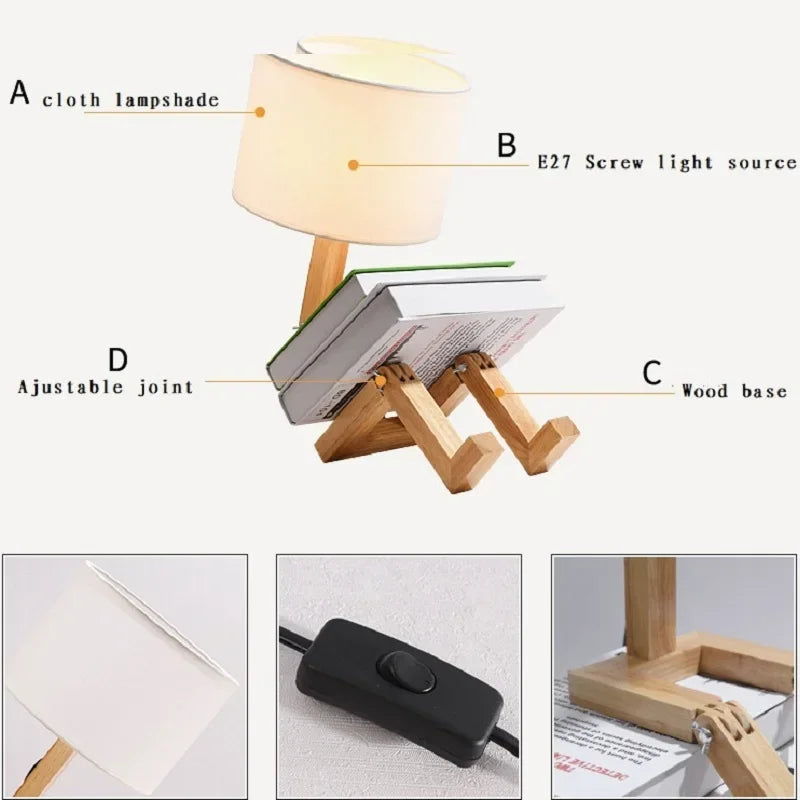 Lámpara de mesa con forma de robot ajustada, E27, lámpara de dormitorio de tela de madera, lámpara de escritorio plegable para sala de estar, sala de estudio, envío directo