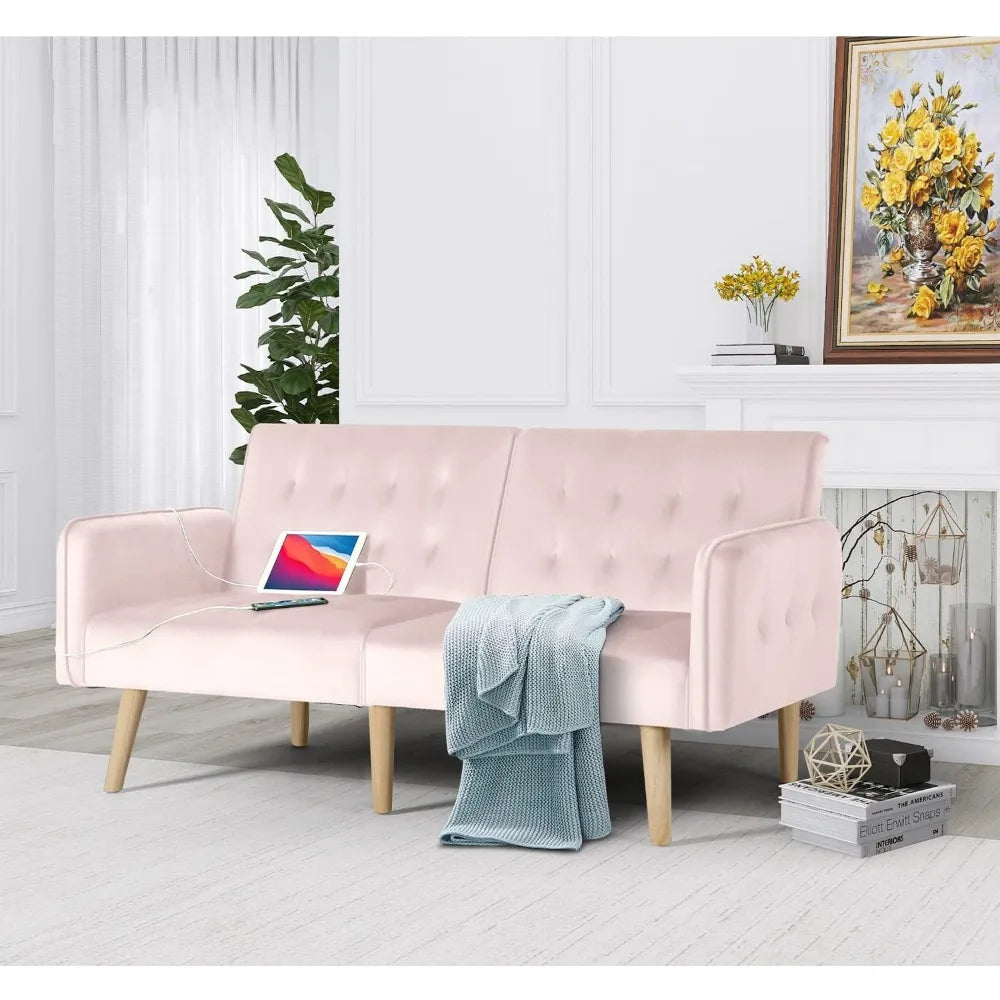 65“ Convertible Futon Sofa Bed w/ 2 USB, Upholstered Tufted Small Adjustable Folding Couch Loveseat, Mid Century Sleeper Sofa