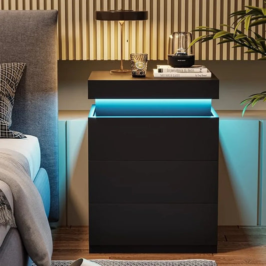 Table de chevet à LED avec 3 tiroirs de chambre à coucher, lumières 16 couleurs et 2 ports CA et 2 ports USB Tables de chevet pour la chambre à coucher Tables de nuit