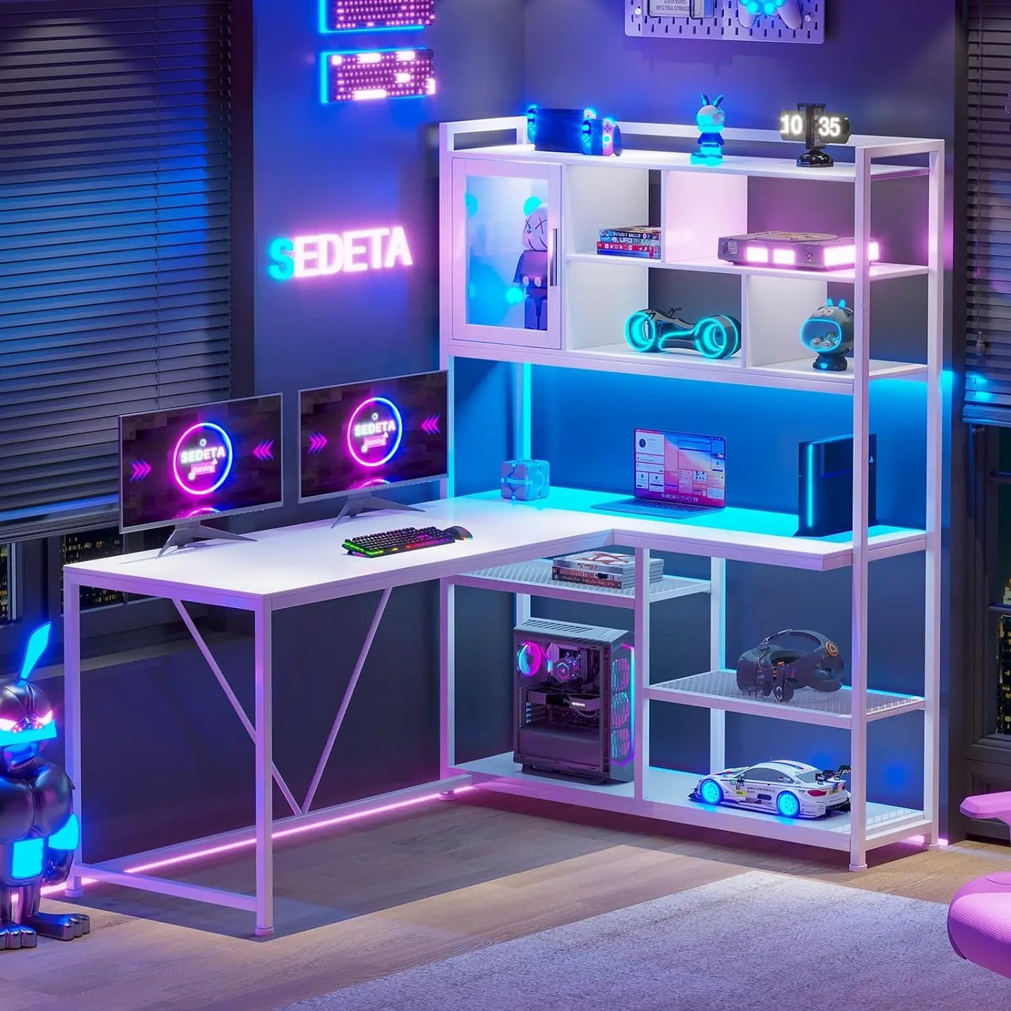 Bureau d'ordinateur en forme de L, bureau de 58 pouces avec lumière LED et étagère, en forme de L avec étagères de rangement pour bureau à domicile