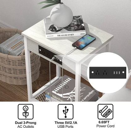 Ensemble de 2 tables de nuit avec station de charge, table de chevet à 2 niveaux avec ports et prises USB, table d'appoint étroite avec étagère de rangement