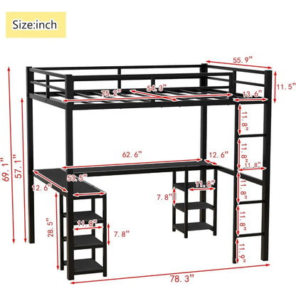 Full Size Loft Bed with Desk and Storage Shelves, Heavy Duty Metal Loft Bed with L-Shaped Desk and Ladder, Full Size Loft Bed