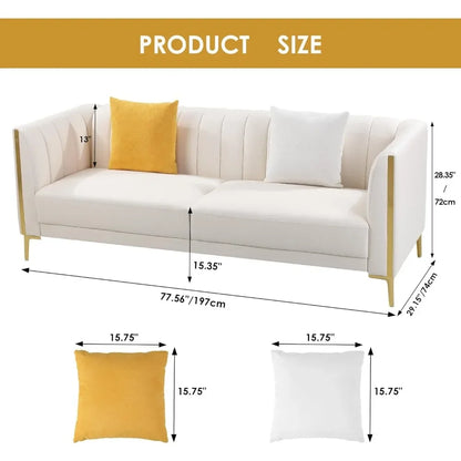 78'' Sofa, Modern White Couches, Faux Leather Sofas 3 Seater Sofas with 2 Throw Pillows and Metal Legs, Sofa