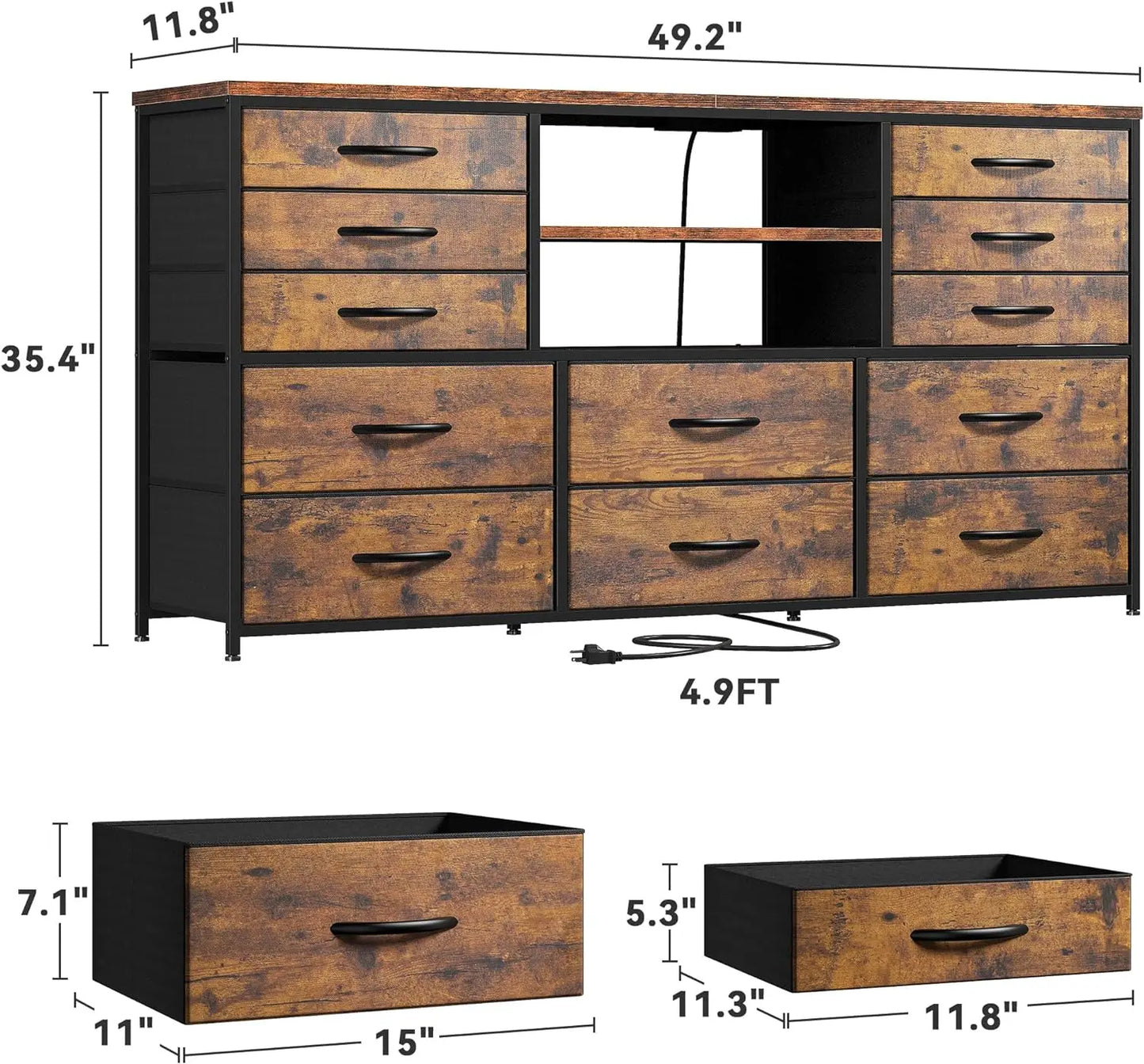 Cómoda con mueble de TV para dormitorio con toma de corriente y luces LED para mueble de TV de 65" con 12 cajones de tela Mesa consola de TV para dormitorio